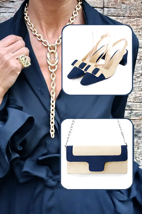 Navy blue and egg shell beige women's open back shoes, with a knot.. Top view - Florence KOOIJMAN